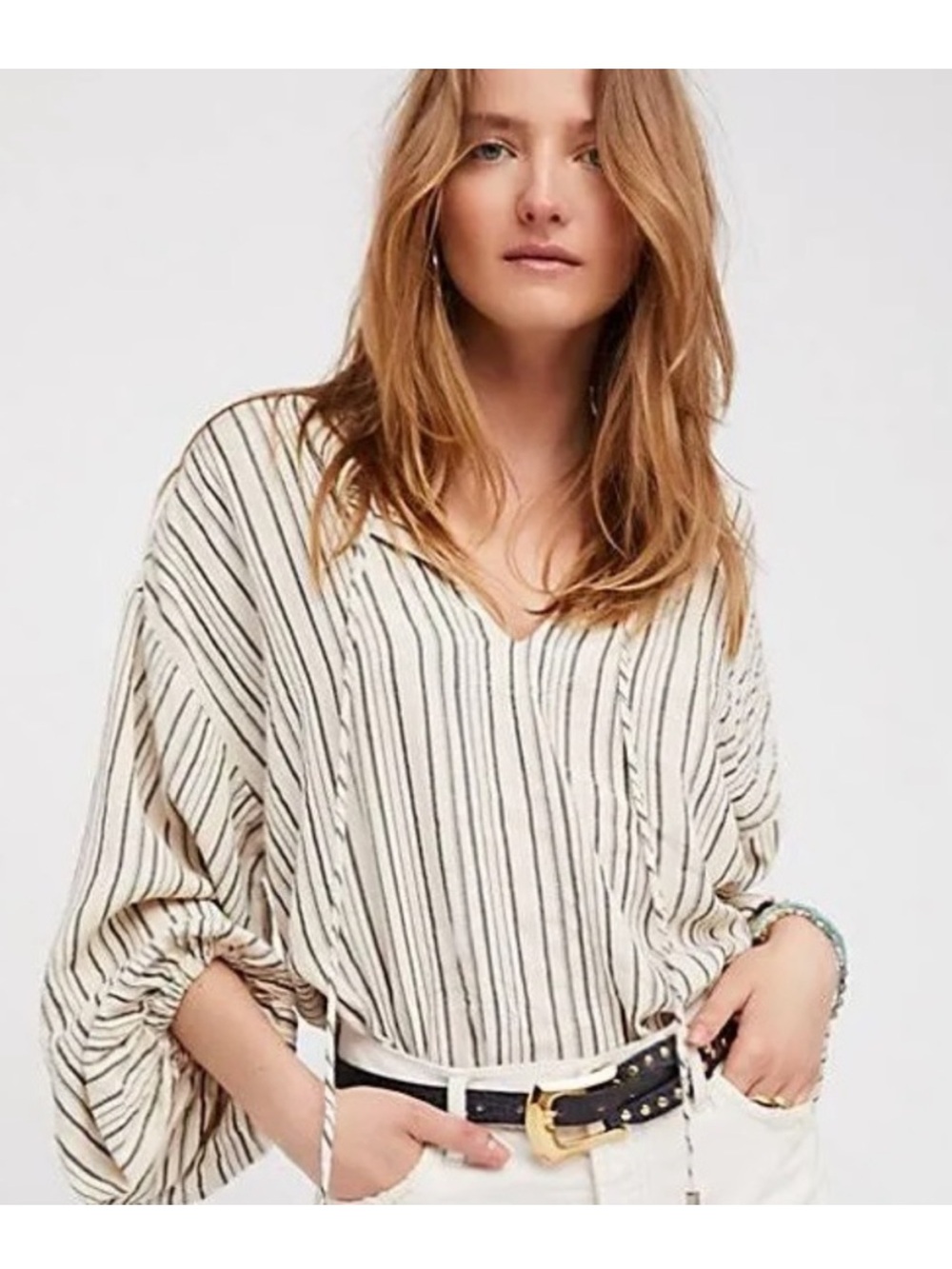 Free People | Rhythm of the Night Tunic Top Bishop Sleeves Cream Gray Medium